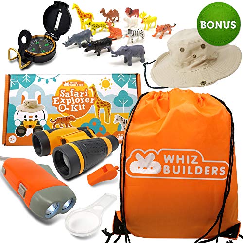 WhizBuilders Kids Explorer Kit - Outdoor Binoculars  Animal Figurines  Hand Crank Flashlight  Safari Boonie Hat  Camping Gear  Magnifying Glass  Compass - Educational Toddler Toys for Kids