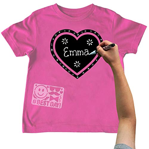 Chalk of the Town Pink Heart Chalkboard Short Sleeve T-Shirt Kit for Kids with 1 Marker and 1 Stencil Youth Small