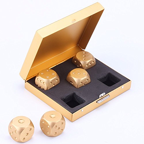 Timibis 5 in 1 Precision Aluminum Alloy Gold Color Solid Metal Dice Poker Dominoes Tables Board Game Drinking Game Portable Dice